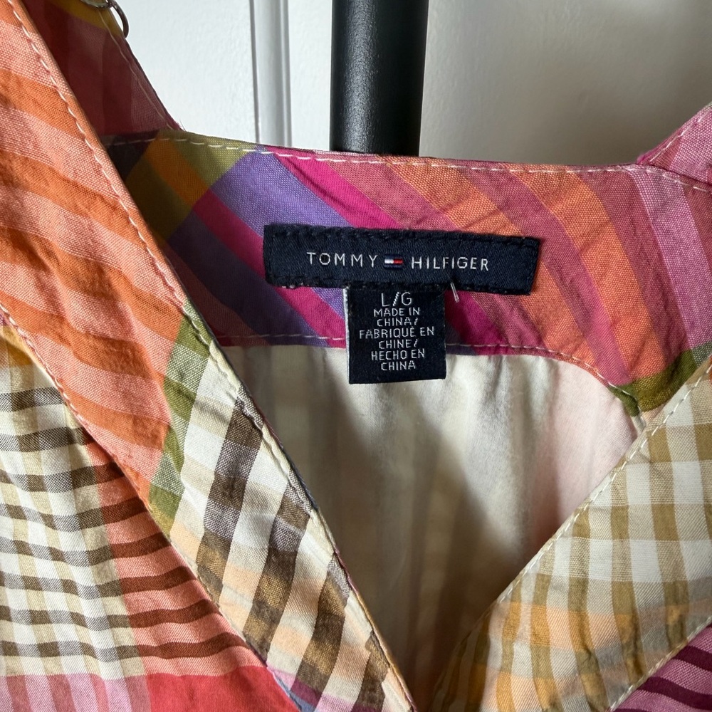 Multicolor Plaid Madras Wrap Sundress - Pink & Orange Size Large Pockets - Picture 8 of 12